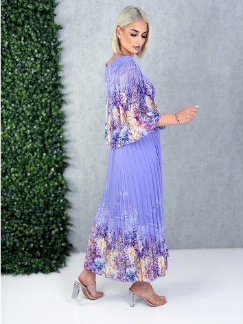 Dámske elegantné midi plisované šaty s kvetovanou potlačou aj pre moletky - fialové