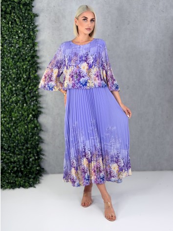 Dámske elegantné midi plisované šaty s kvetovanou potlačou aj pre moletky - fialové