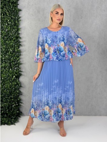 Dámske elegantné midi plisované šaty s kvetovanou potlačou aj pre moletky - modré