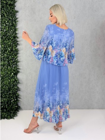 Dámske elegantné midi plisované šaty s kvetovanou potlačou aj pre moletky - modré