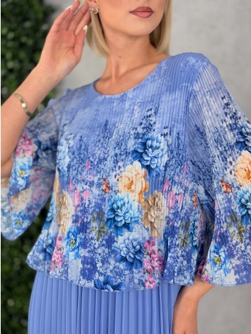 Dámske elegantné midi plisované šaty s kvetovanou potlačou aj pre moletky - modré