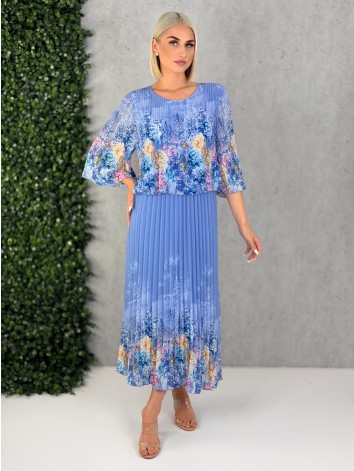 Dámske elegantné midi plisované šaty s kvetovanou potlačou aj pre moletky - modré
