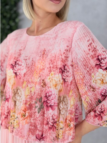 Dámske elegantné midi plisované šaty s kvetovanou potlačou aj pre moletky - ružové