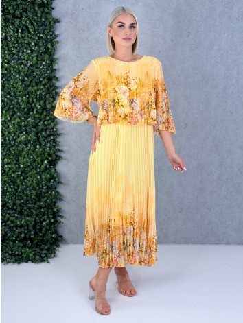 Dámske elegantné midi plisované šaty s kvetovanou potlačou aj pre moletky - žlté