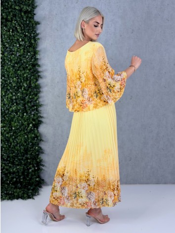 Dámske elegantné midi plisované šaty s kvetovanou potlačou aj pre moletky - žlté