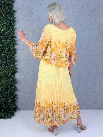Dámske elegantné midi plisované šaty s kvetovanou potlačou aj pre moletky - žlté