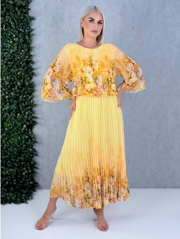 Dámske elegantné midi plisované šaty s kvetovanou potlačou aj pre moletky - žlté