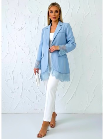 Dámske elegantné modré oversize sako s čipkou