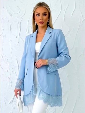 Dámske elegantné modré oversize sako s čipkou