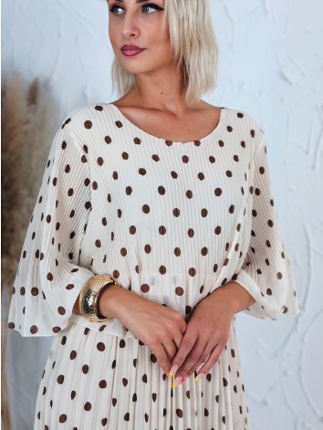 Dámske elegantné plisované midi bodkované šaty - béžové