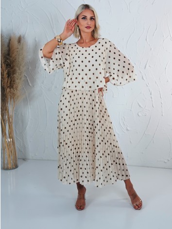 Dámske elegantné plisované midi bodkované šaty - béžové
