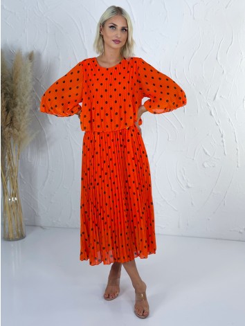 Dámske elegantné plisované midi bodkované šaty - oranžové
