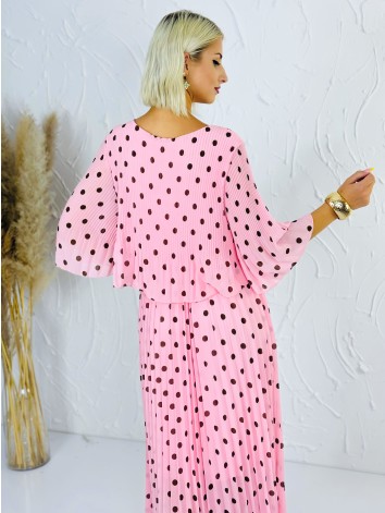 Dámske elegantné plisované midi bodkované šaty - ružové
