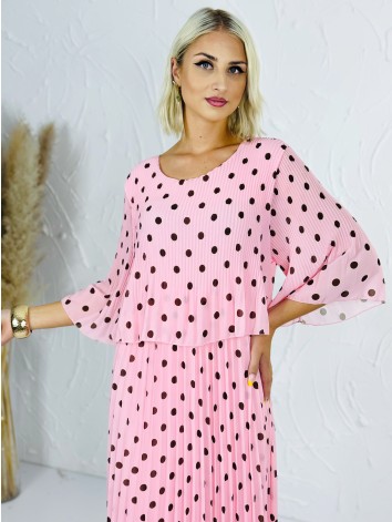Dámske elegantné plisované midi bodkované šaty - ružové