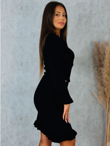 Dámske elegantné rebrované šaty s volánmi a zlatými gombíkmi - čierne