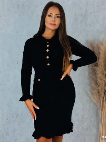 Dámske elegantné rebrované šaty s volánmi a zlatými gombíkmi - čierne