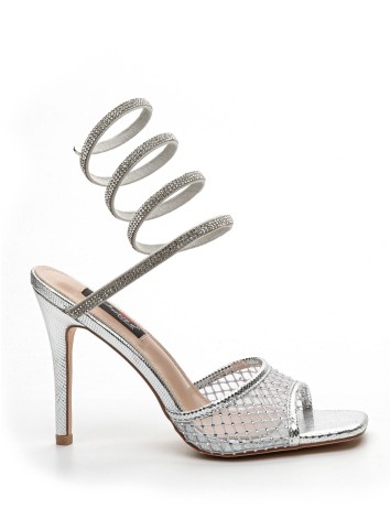 Dámske exkluzívne strieborné sandále na tenkom opätku s pevnou špirálou okolo členku