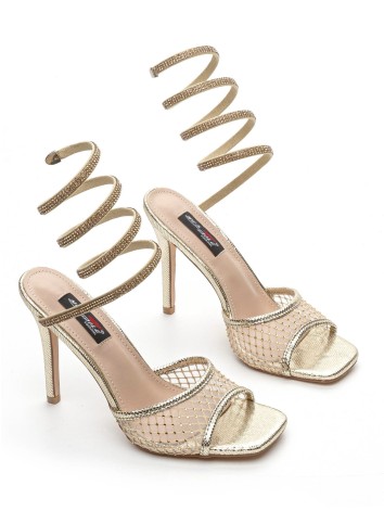 Dámske exkluzívne zlaté sandále na tenkom opätku s pevnou špirálou okolo členku