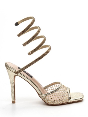 Dámske exkluzívne zlaté sandále na tenkom opätku s pevnou špirálou okolo členku