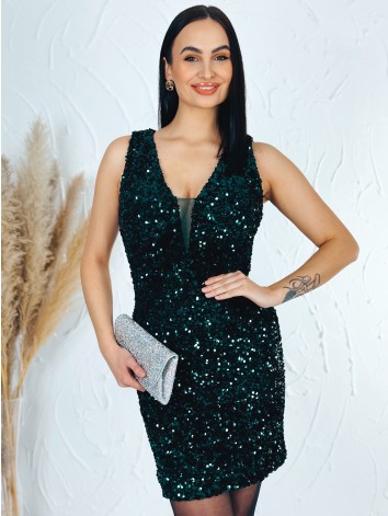 Dámske flitrované krátke spoločenské šaty s véčkovým výstrihom - tmavozelené