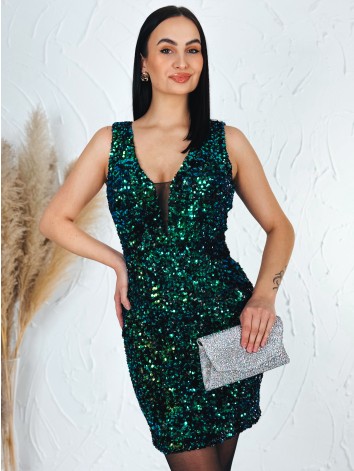 Dámske flitrované krátke spoločenské šaty s véčkovým výstrihom - zelenomodré