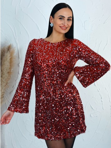 Dámske flitrované zamatové šaty s mašľou - červené