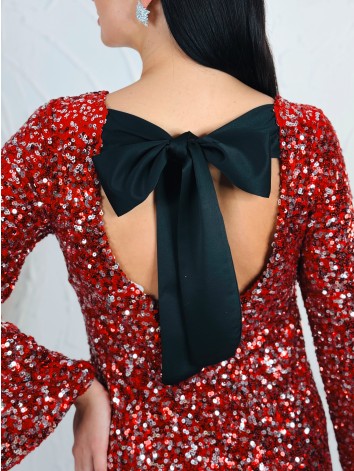 Dámske flitrované zamatové šaty s mašľou - červené