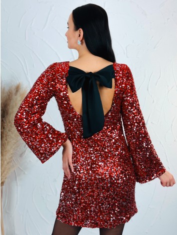 Dámske flitrované zamatové šaty s mašľou - červené