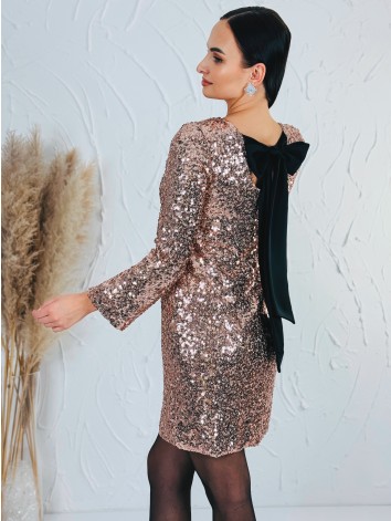 Dámske flitrované zamatové šaty s mašľou - staroružové