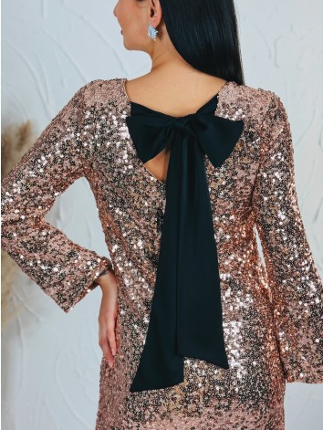 Dámske flitrované zamatové šaty s mašľou - staroružové