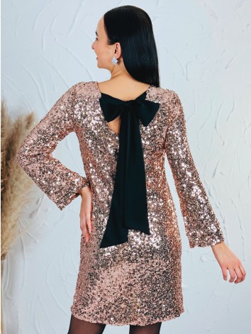 Dámske flitrované zamatové šaty s mašľou - staroružové