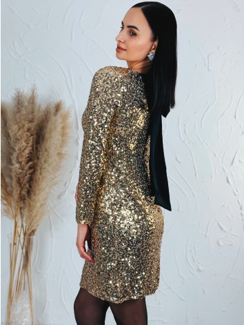 Dámske flitrované zamatové šaty s mašľou - zlaté