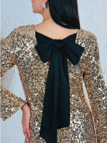 Dámske flitrované zamatové šaty s mašľou - zlaté