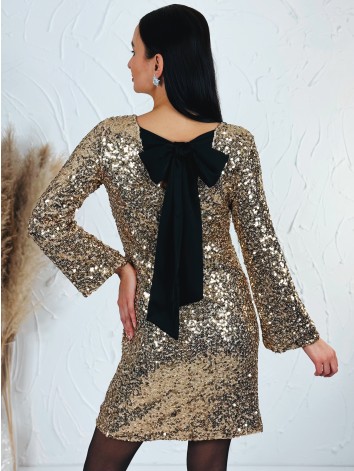 Dámske flitrované zamatové šaty s mašľou - zlaté