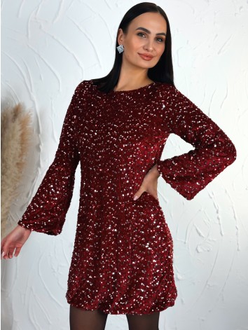 Dámske flitrované zamatové šaty so zamatovou mašľou - bordové