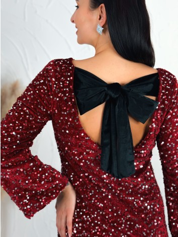 Dámske flitrované zamatové šaty so zamatovou mašľou - bordové