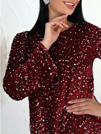 Dámske flitrované zamatové šaty so zamatovou mašľou - bordové