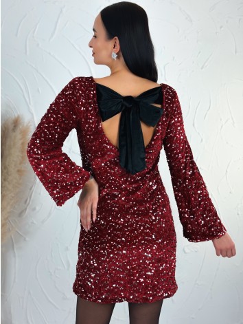 Dámske flitrované zamatové šaty so zamatovou mašľou - bordové