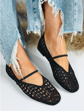 Dámske háčkované čierne baleríny v boho štýle