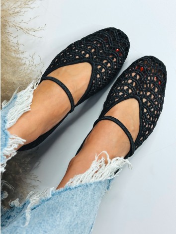 Dámske háčkované čierne baleríny v boho štýle