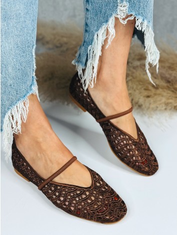 Dámske háčkované hnedé baleríny v boho štýle