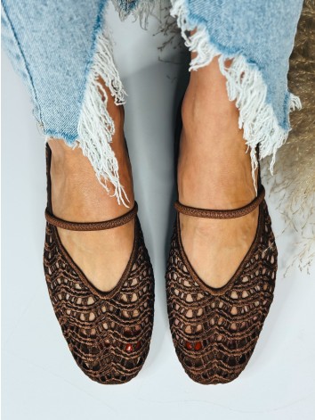 Dámske háčkované hnedé baleríny v boho štýle