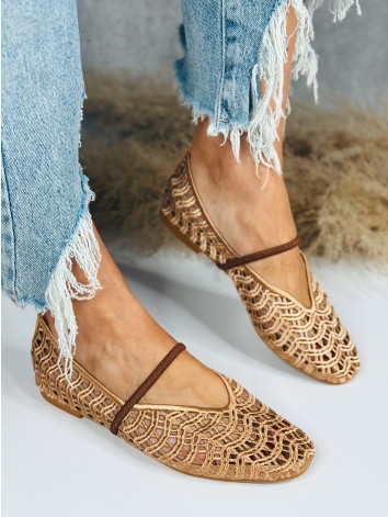 Dámske háčkované khaki baleríny v boho štýle