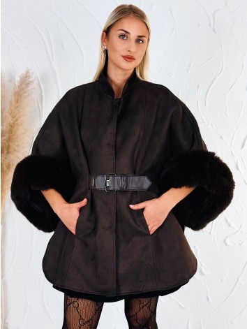 Dámske hnedé elegantné pončo s odopínateľnou kožušinou na rukávoch