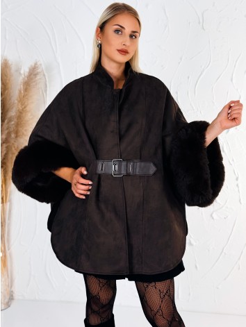 Dámske hnedé elegantné pončo s odopínateľnou kožušinou na rukávoch