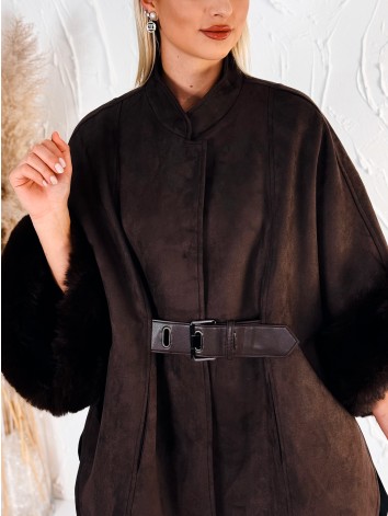 Dámske hnedé elegantné pončo s odopínateľnou kožušinou na rukávoch