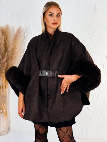 Dámske hnedé elegantné pončo s odopínateľnou kožušinou na rukávoch