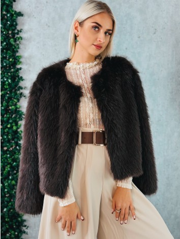 Dámsky hnedý kožuštek s huňatým efektom