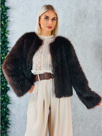 Dámsky hnedý kožuštek s huňatým efektom