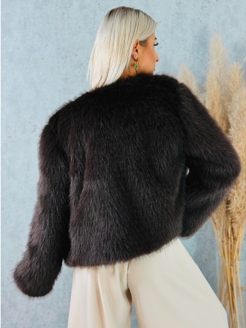 Dámsky hnedý kožuštek s huňatým efektom